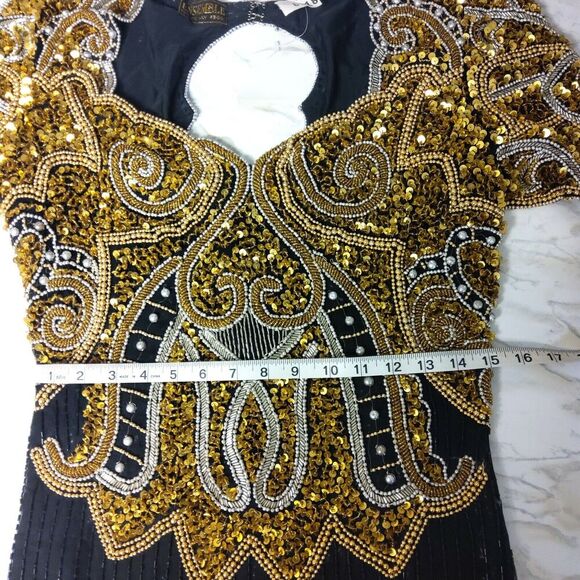 Vintage Ensemble SZ L Fully Beaded Sequin Black Gold Cocktail Formal Prom Dress - Picture 4 of 10